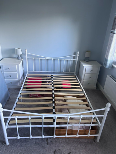 White metal double bed frame - bed,
