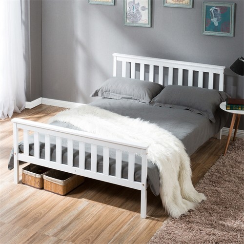 White solid wooden bed - white,